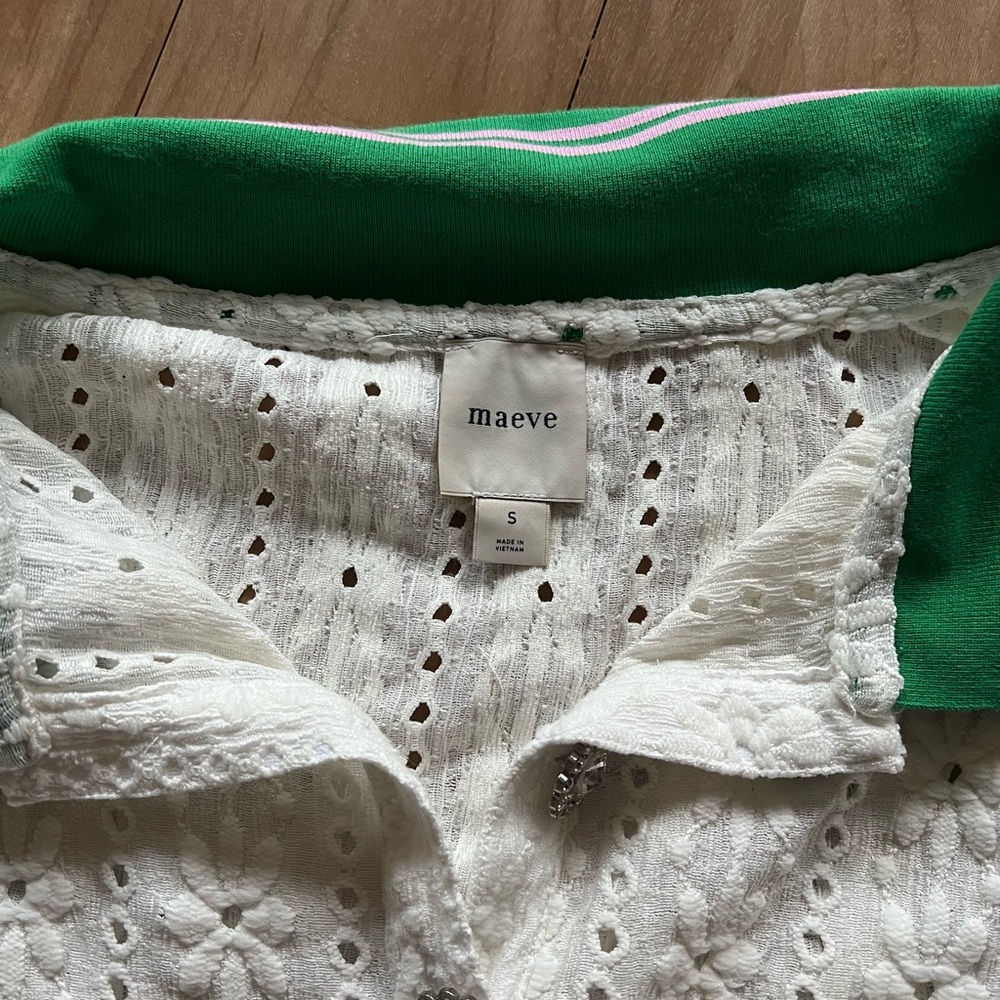 Maeve White Eyelet Polo Top with Green Trim - Picture 2 of 6